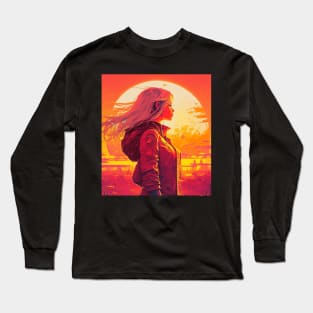 Cyberpunk Girl Looking At Synthwave Sun Long Sleeve T-Shirt